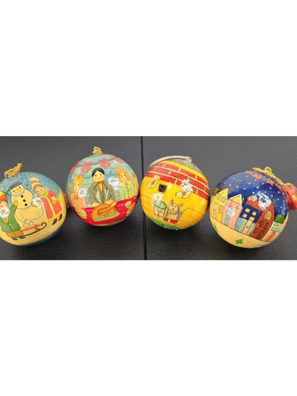 Vtg Hand Painted Paper Mache Christmas Ornaments Set of 4